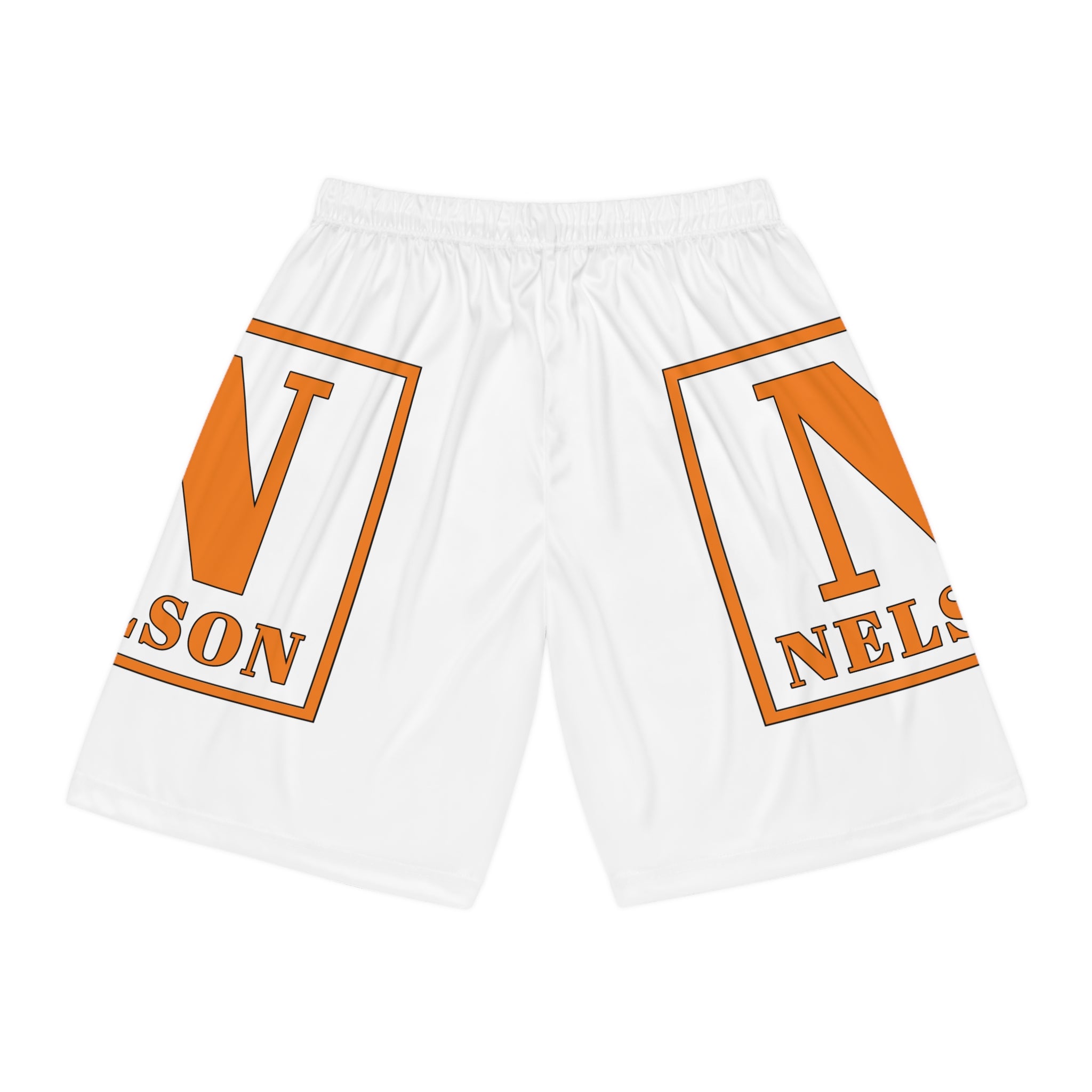 Custom Team Basketball Shorts — Orange ‘N Nelson’ Logo All-Over Print