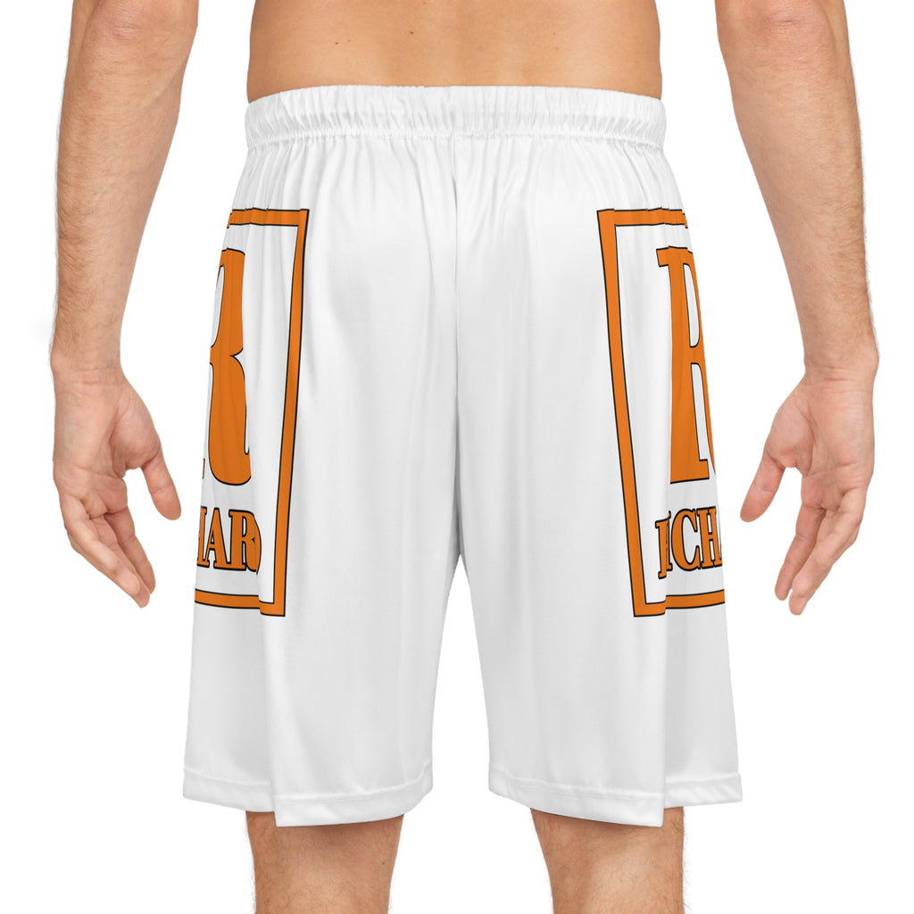 Richard Monogram Basketball Shorts — White & Orange All-Over Print