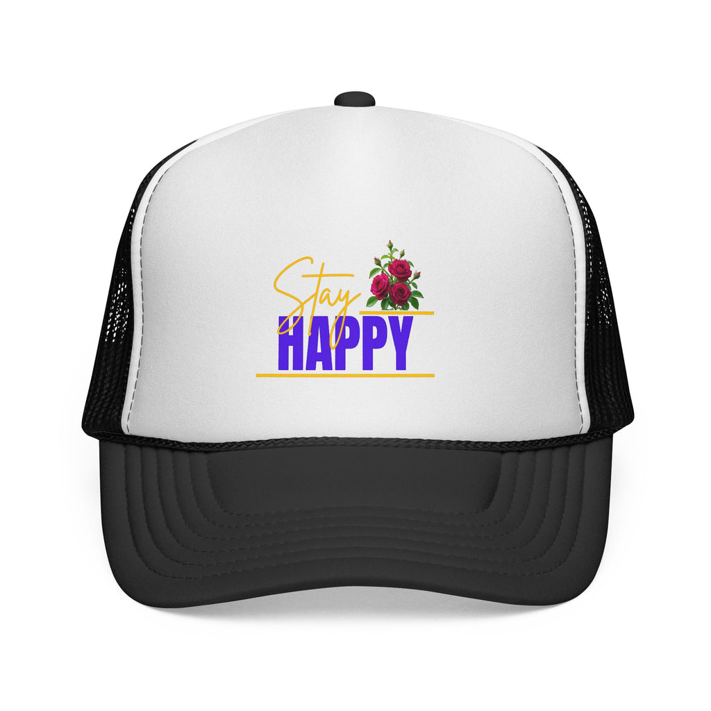 Stay Happy Trucker Hat — Floral Positive Vibe Cap