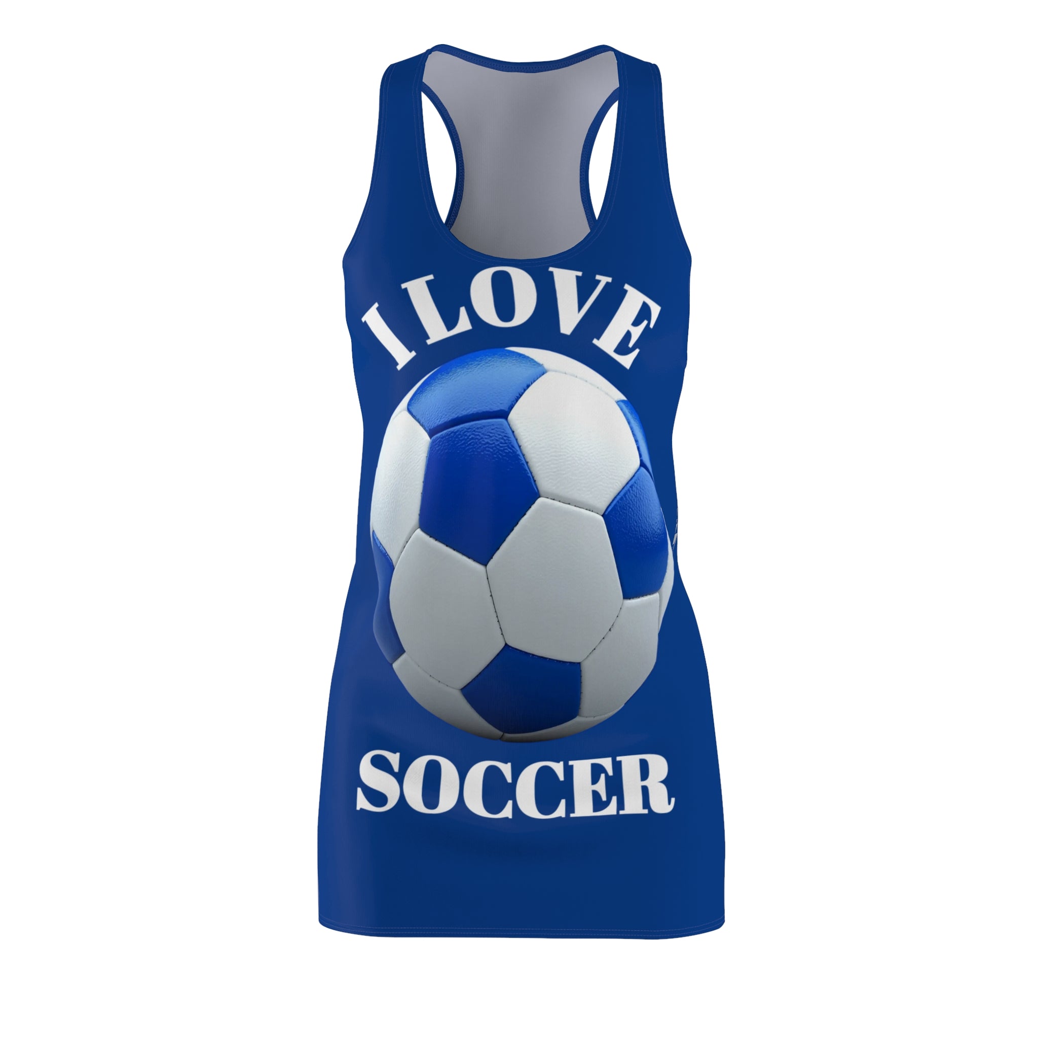 I Love Soccer Racerback Dress — Women's Blue Soccer Graphic Dress