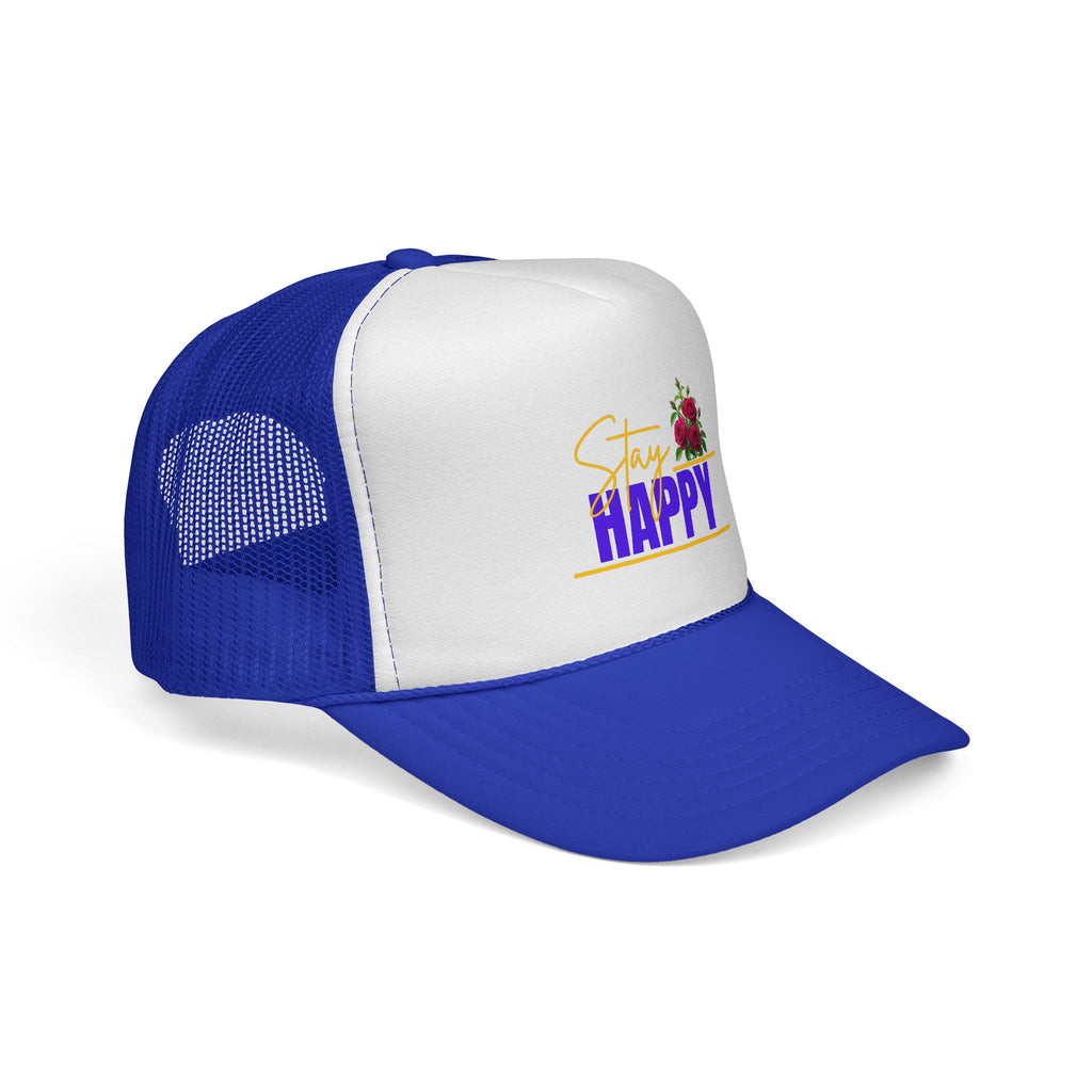 Stay Happy Trucker Hat — Floral Positive Vibe Cap