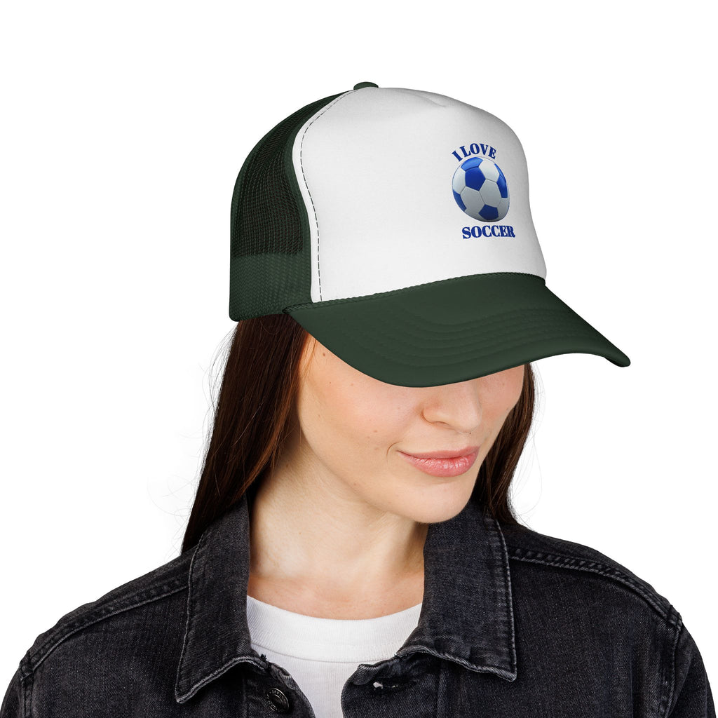 I Love Soccer Trucker Hat – Blue Soccer Ball Mesh Cap for Fans & Players