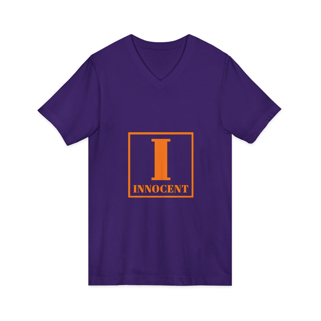 Innocent Graphic V-Neck Tee — Bold Orange 'I Innocent' Square Design