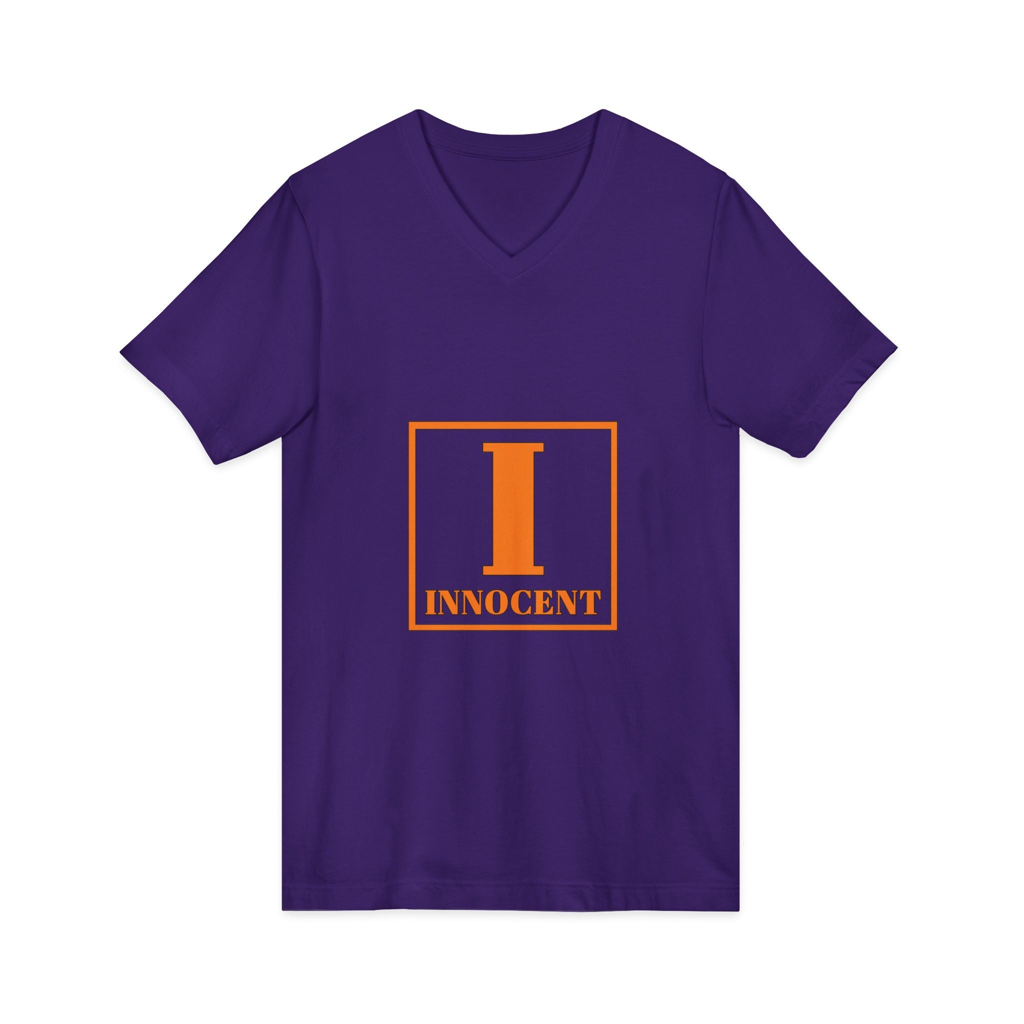 Innocent Graphic V-Neck Tee — Bold Orange 'I Innocent' Square Design