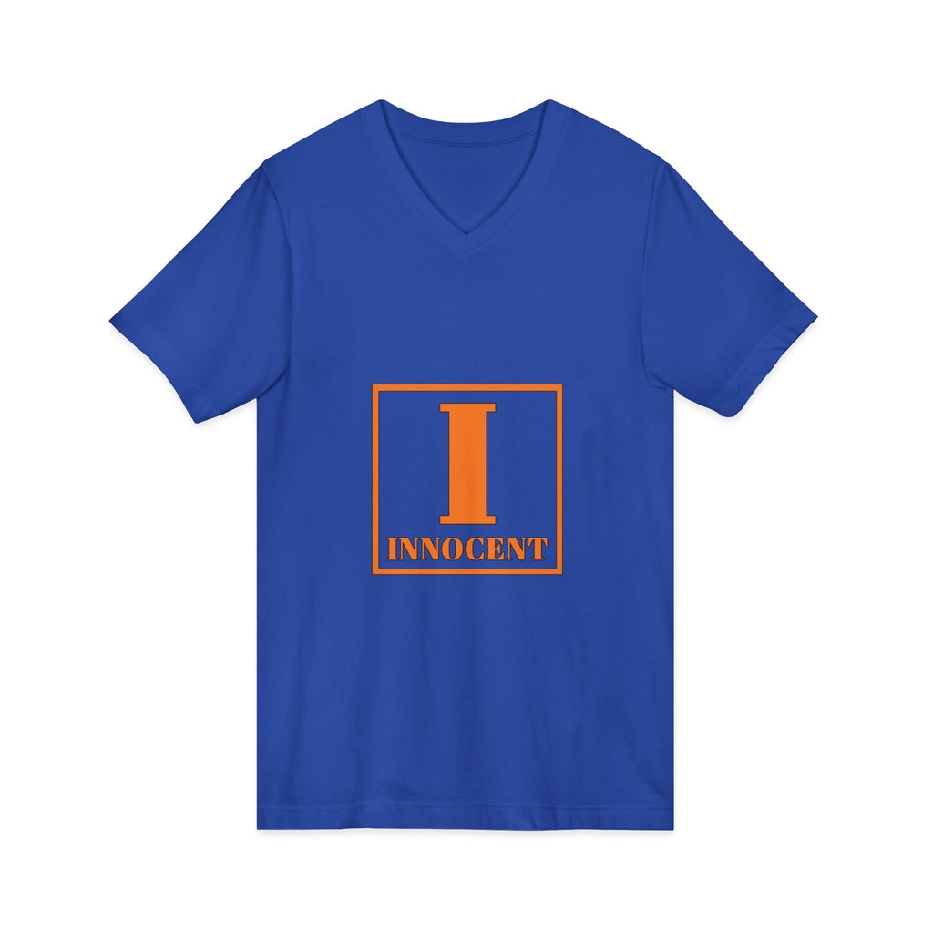 Innocent Graphic V-Neck Tee — Bold Orange 'I Innocent' Square Design