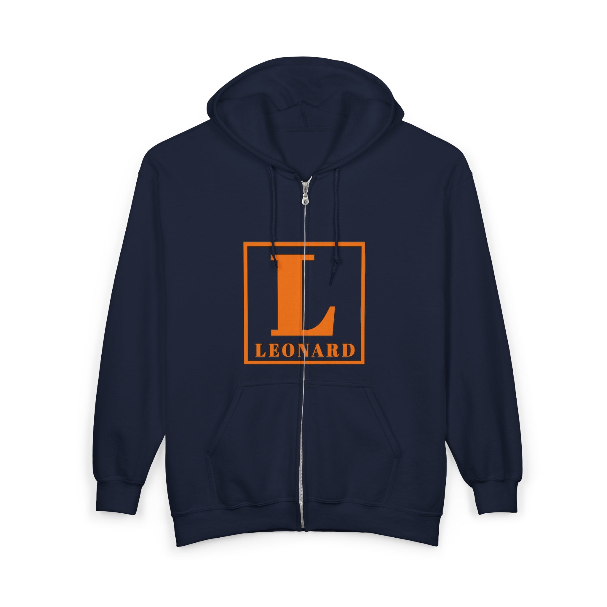Leonard Initials Zip Hoodie — Orange Block Letter L Full‑Zip Sweatshirt