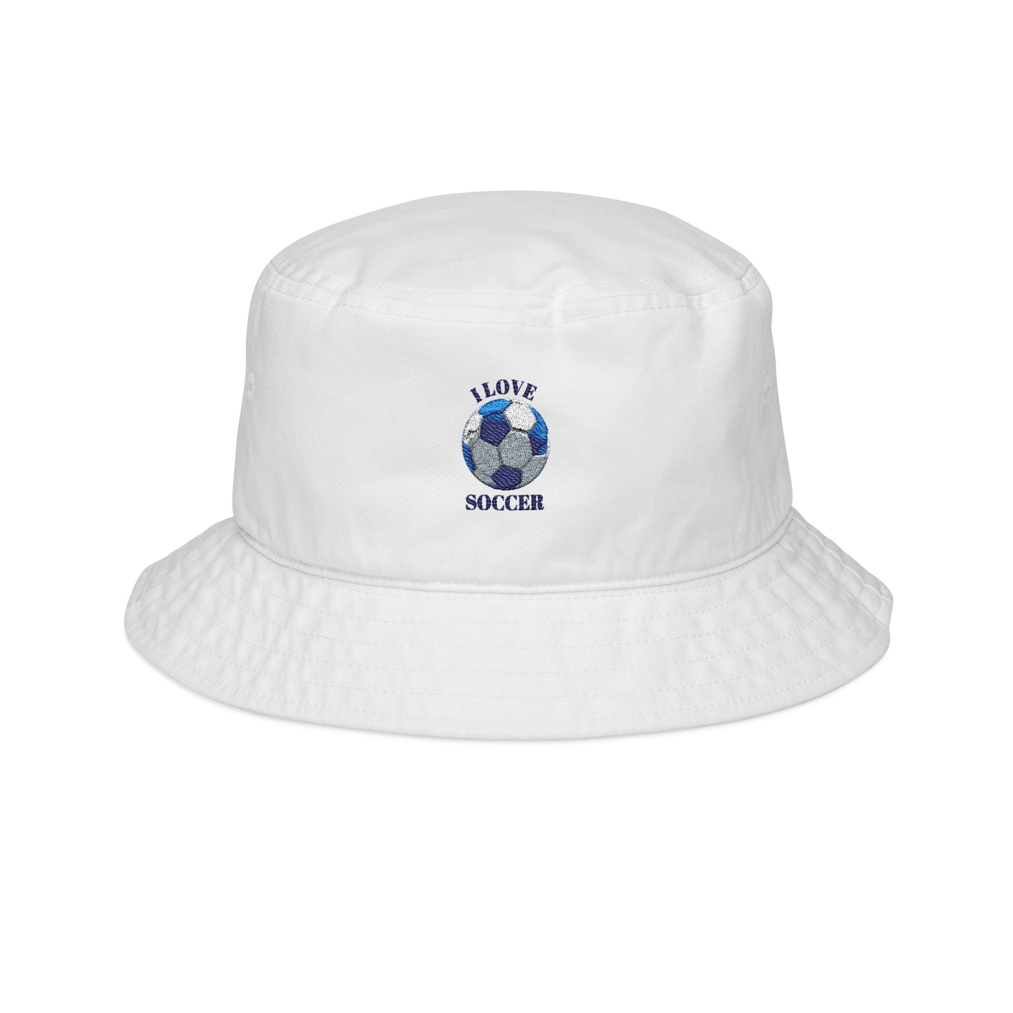 I Love Soccer Embroidered Bucket Hat — Floral Soccer Ball Design