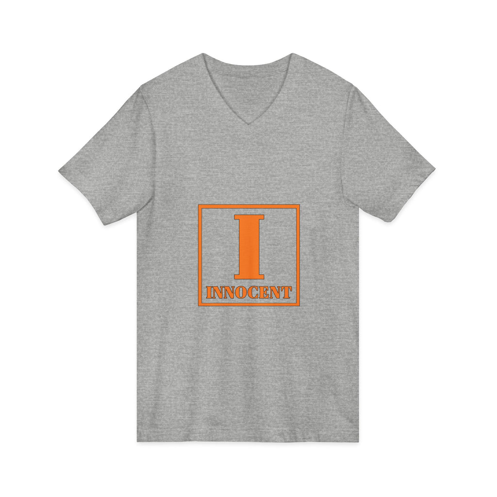 Innocent Graphic V-Neck Tee — Bold Orange 'I Innocent' Square Design