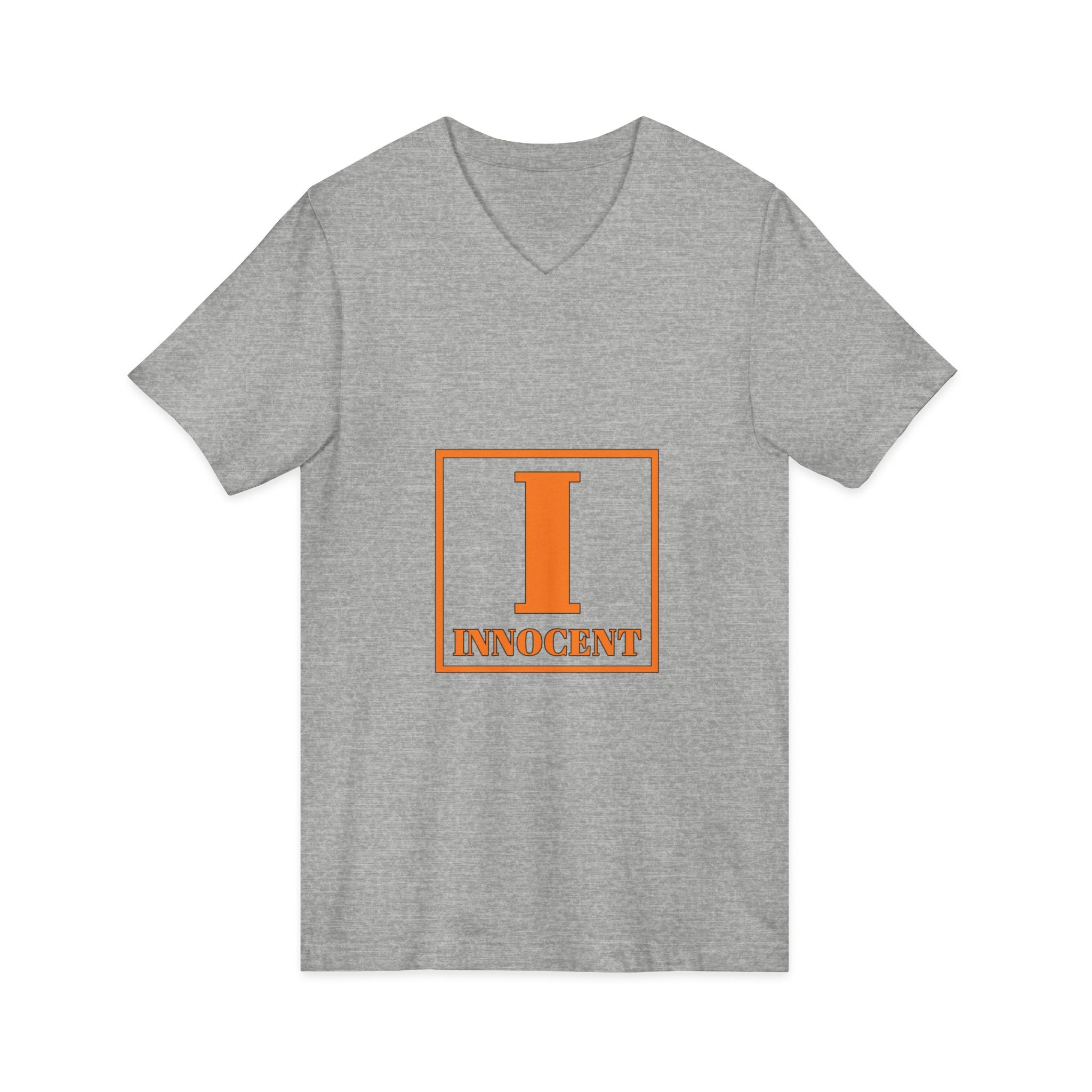 Innocent Graphic V-Neck Tee — Bold Orange 'I Innocent' Square Design