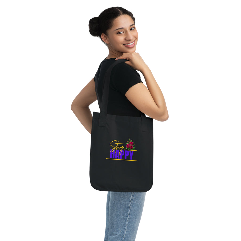 Stay Happy Floral Tote Bag – Positive Message Organic Canvas Tote