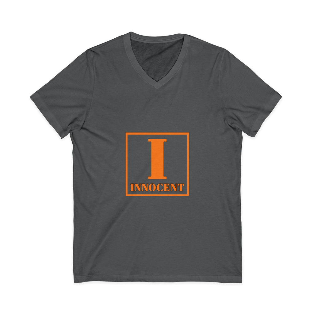 Innocent Graphic V-Neck Tee — Bold Orange 'I Innocent' Square Design
