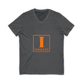 Innocent Graphic V-Neck Tee — Bold Orange 'I Innocent' Square Design