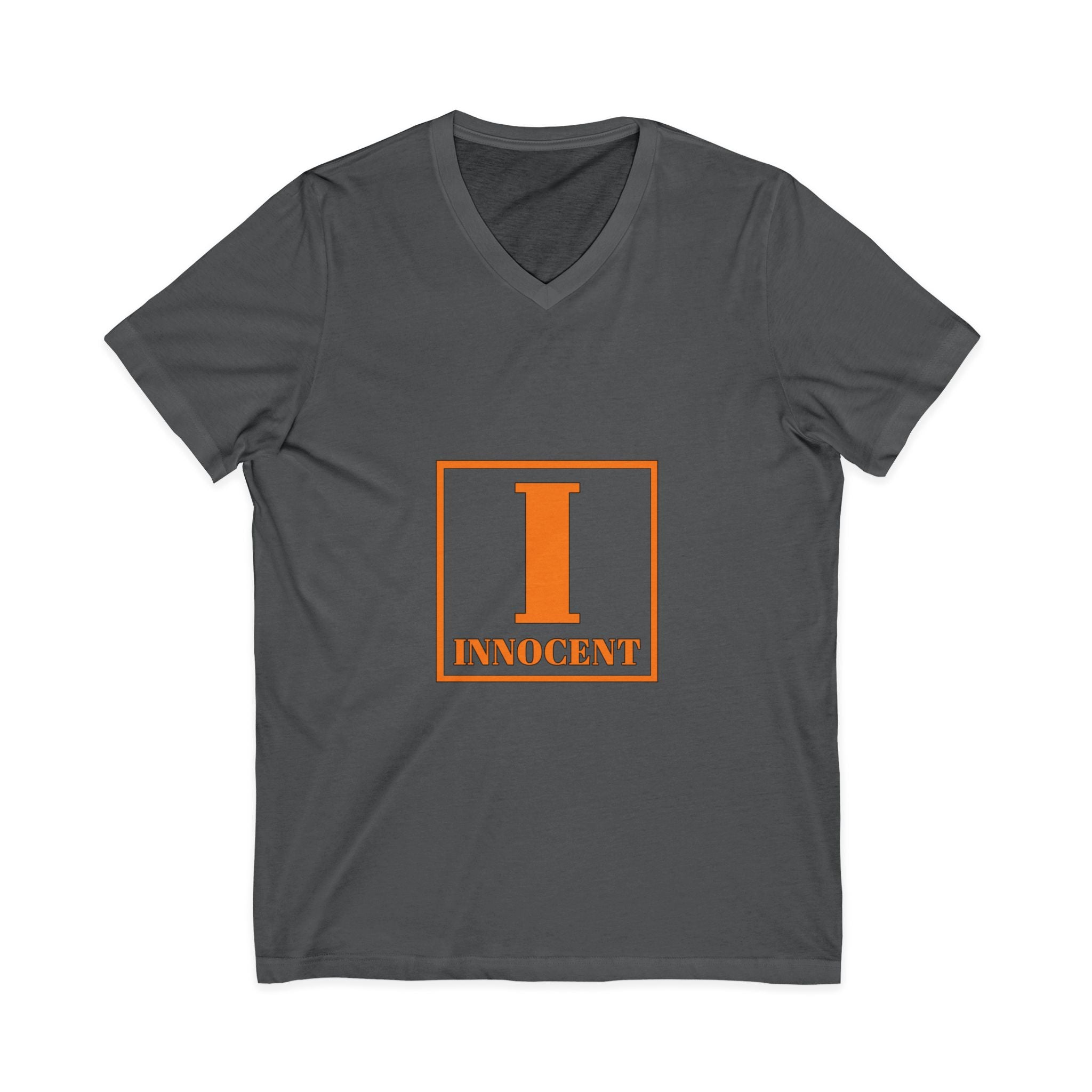 Innocent Graphic V-Neck Tee — Bold Orange 'I Innocent' Square Design