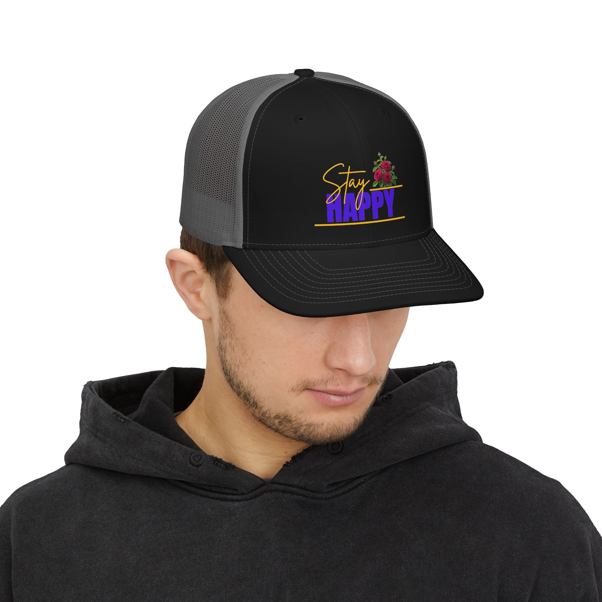 Trucker Cap — "Stay Happy" Floral Snapback
