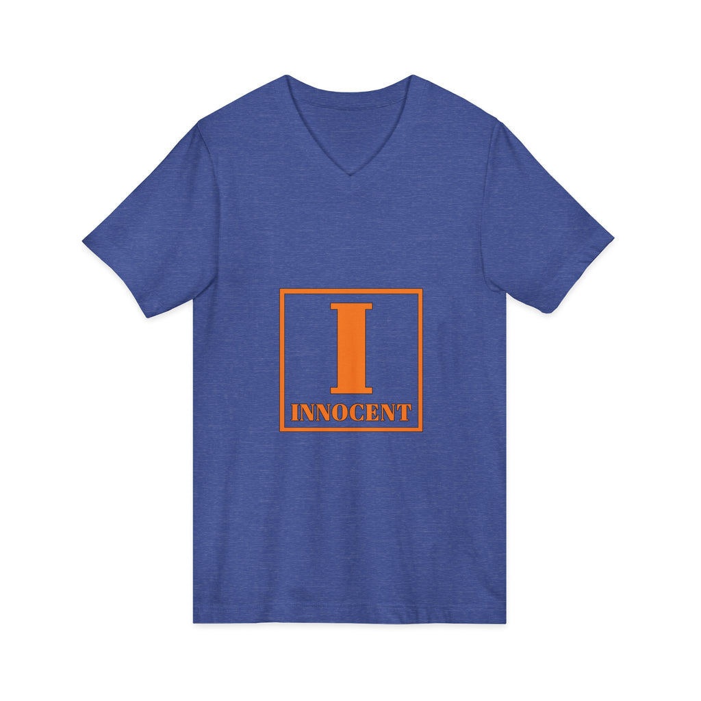Innocent Graphic V-Neck Tee — Bold Orange 'I Innocent' Square Design