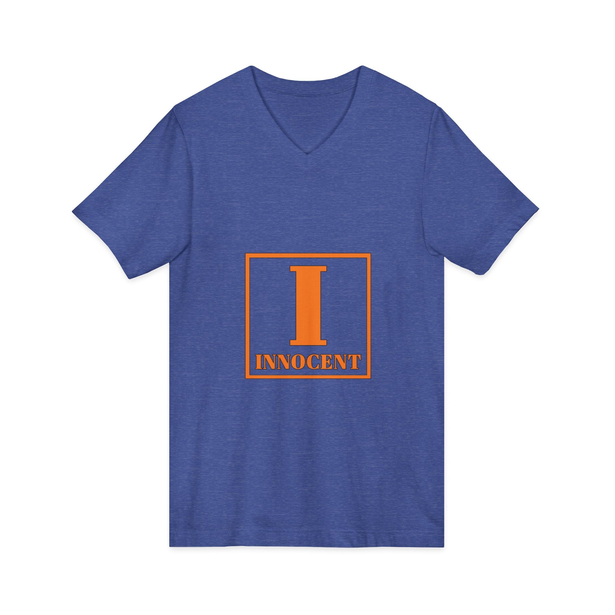 Innocent Graphic V-Neck Tee — Bold Orange 'I Innocent' Square Design