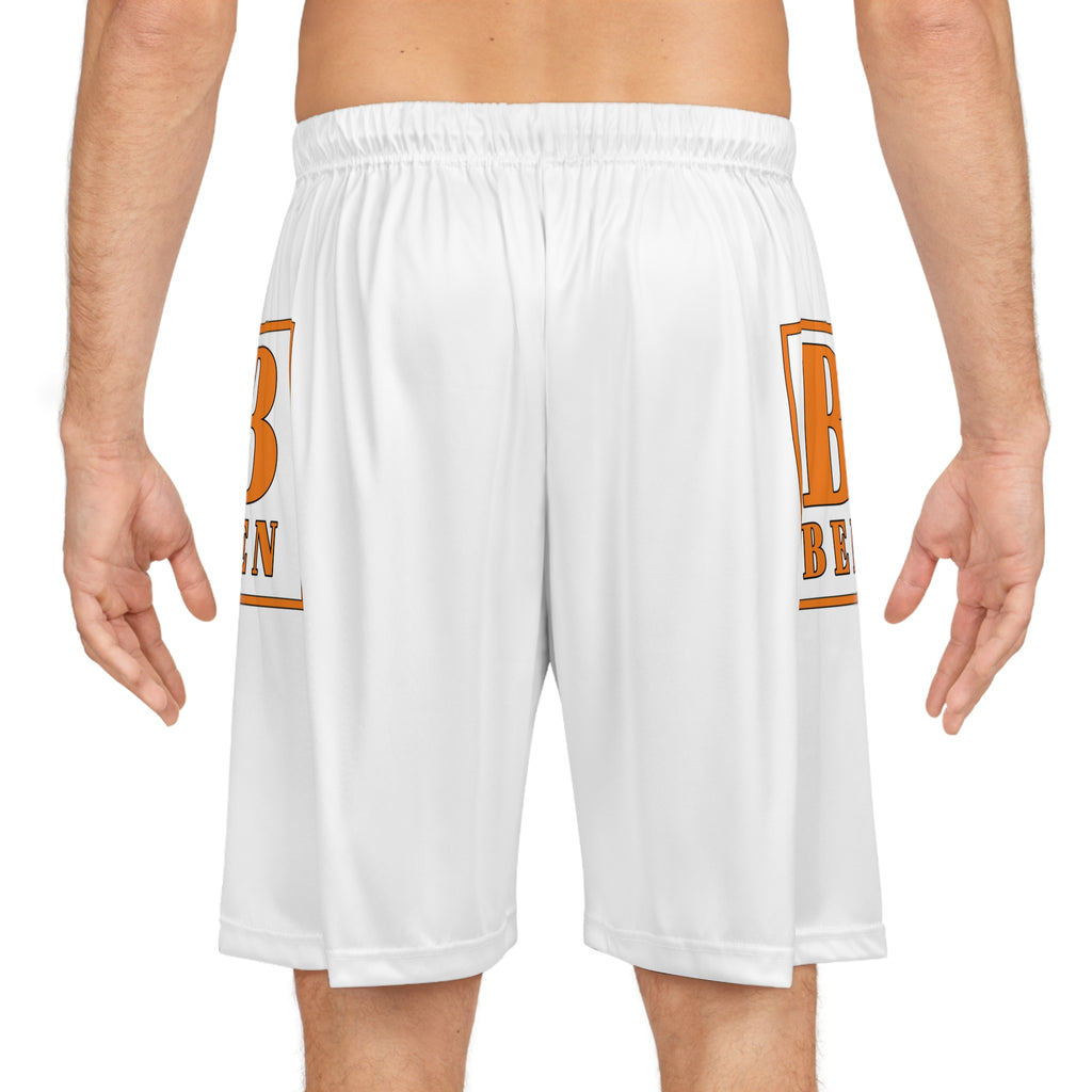 Basketball Shorts — White All-Over Print with Orange "B/Been" Side Logo