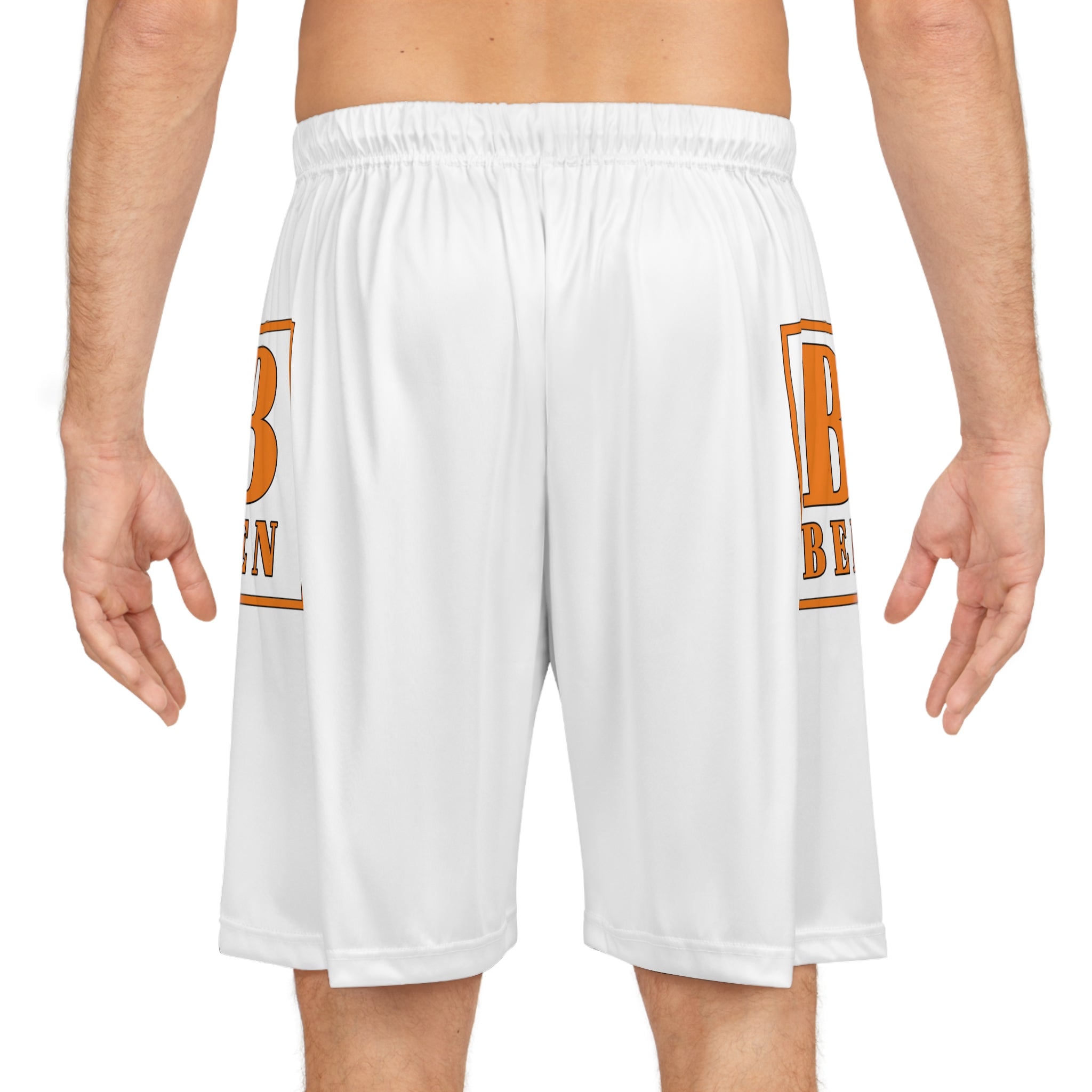 Basketball Shorts — White All-Over Print with Orange "B/Been" Side Logo