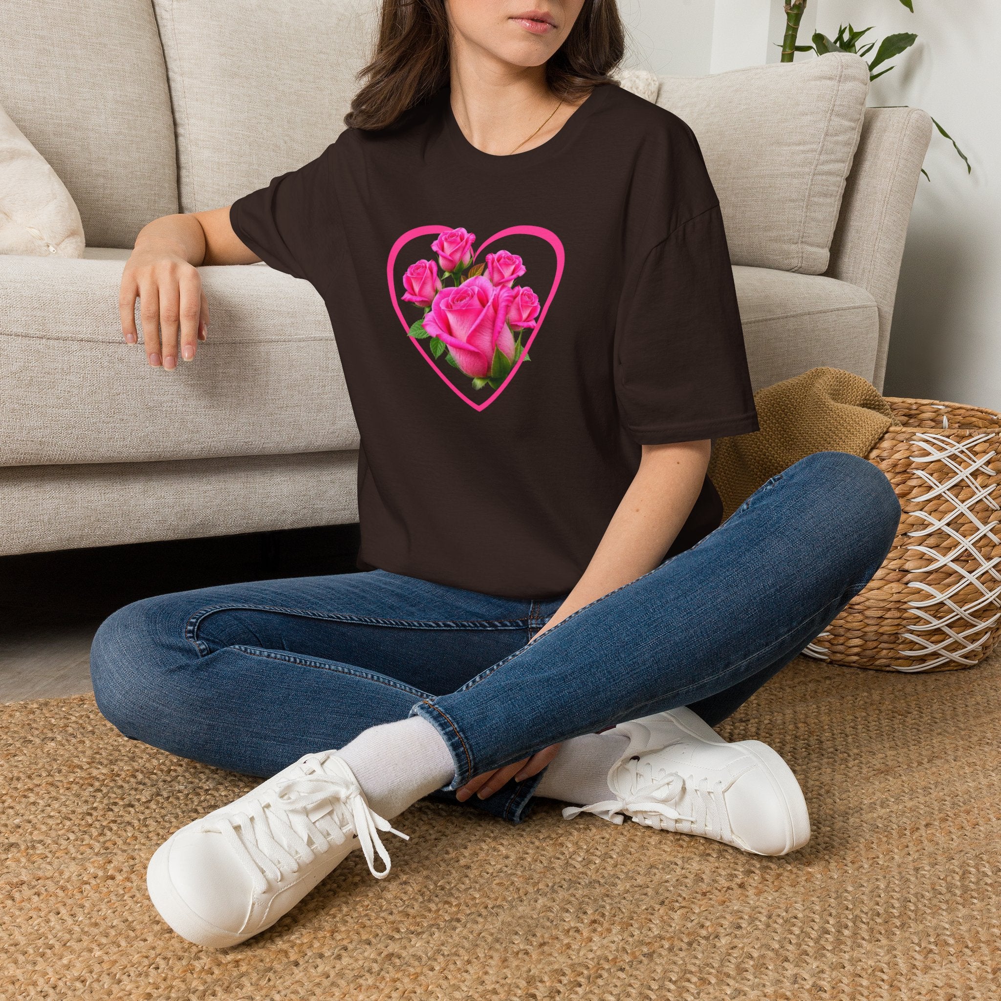 T-Shirt — Pink Rose Heart Floral Tee (Valentine’s Day, Romantic Gift)