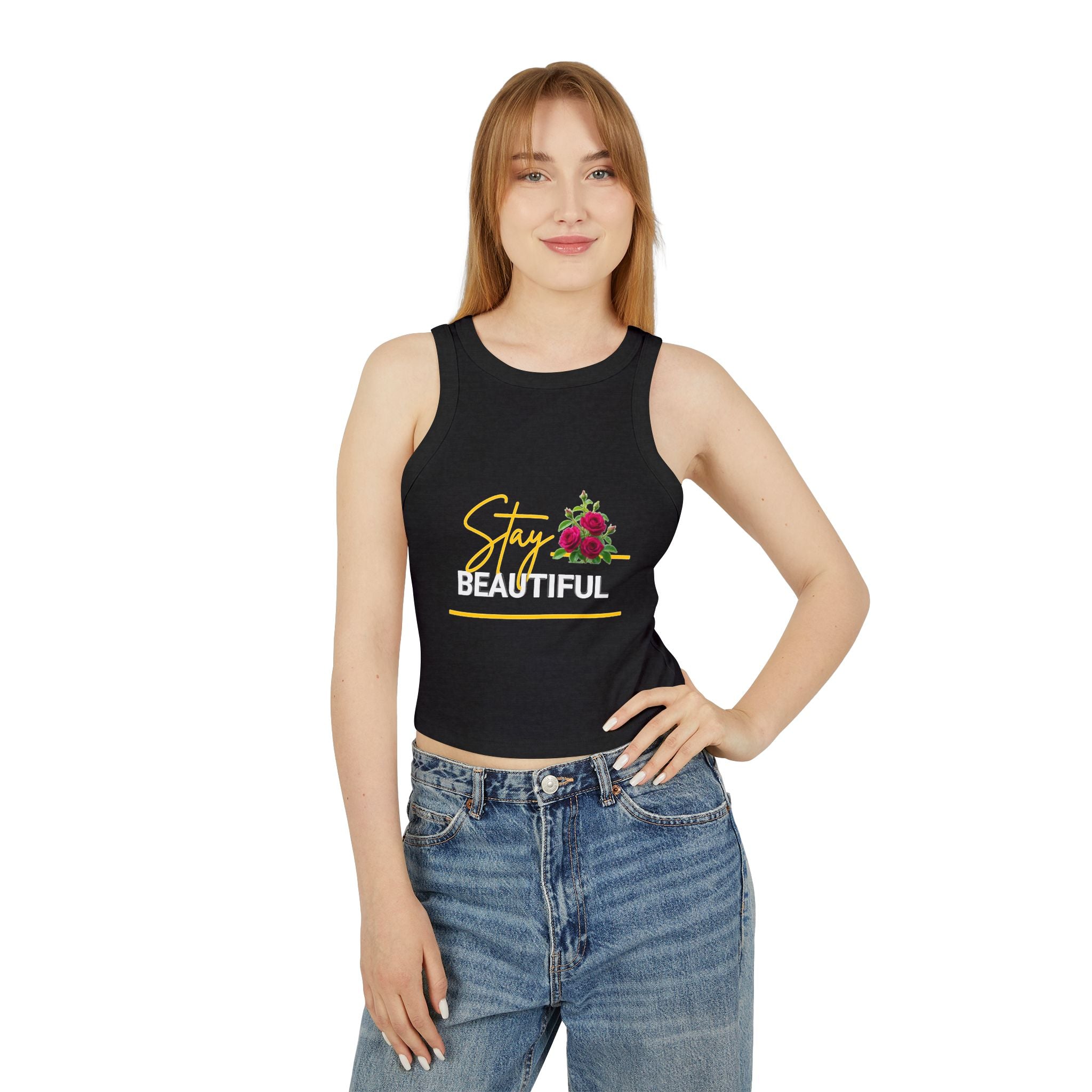 Stay Beautiful Floral Racer Tank Top — Women’s Cropped Micro Rib Tank