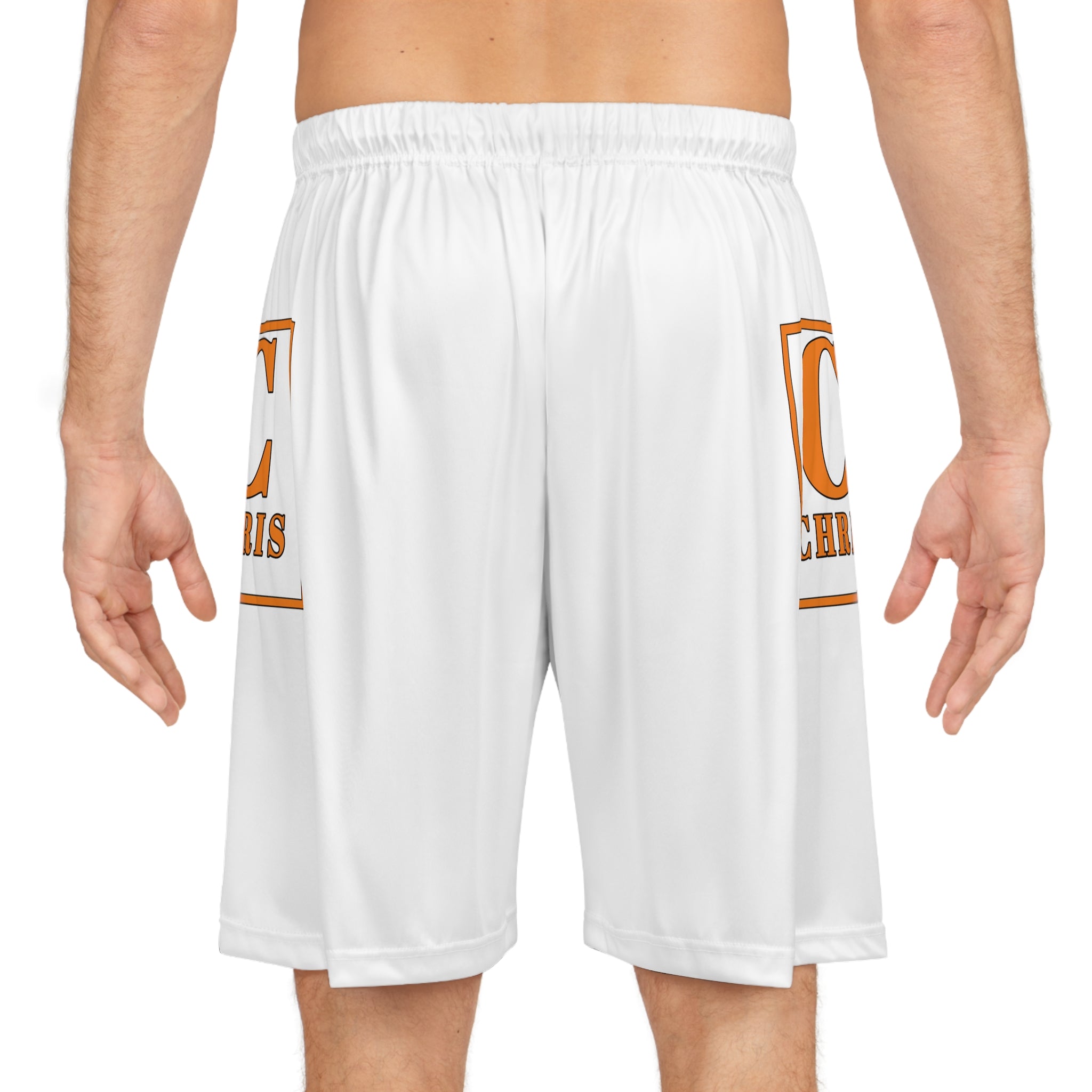 C Logo Basketball Shorts — White Athletic All-Over Print