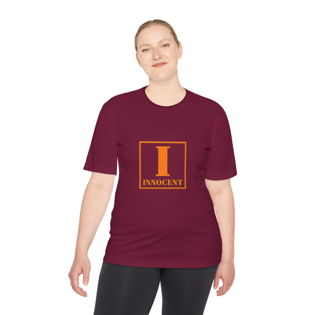 Innocent Block Letter Tee — Orange 'I' Graphic Moisture-Wicking Shirt