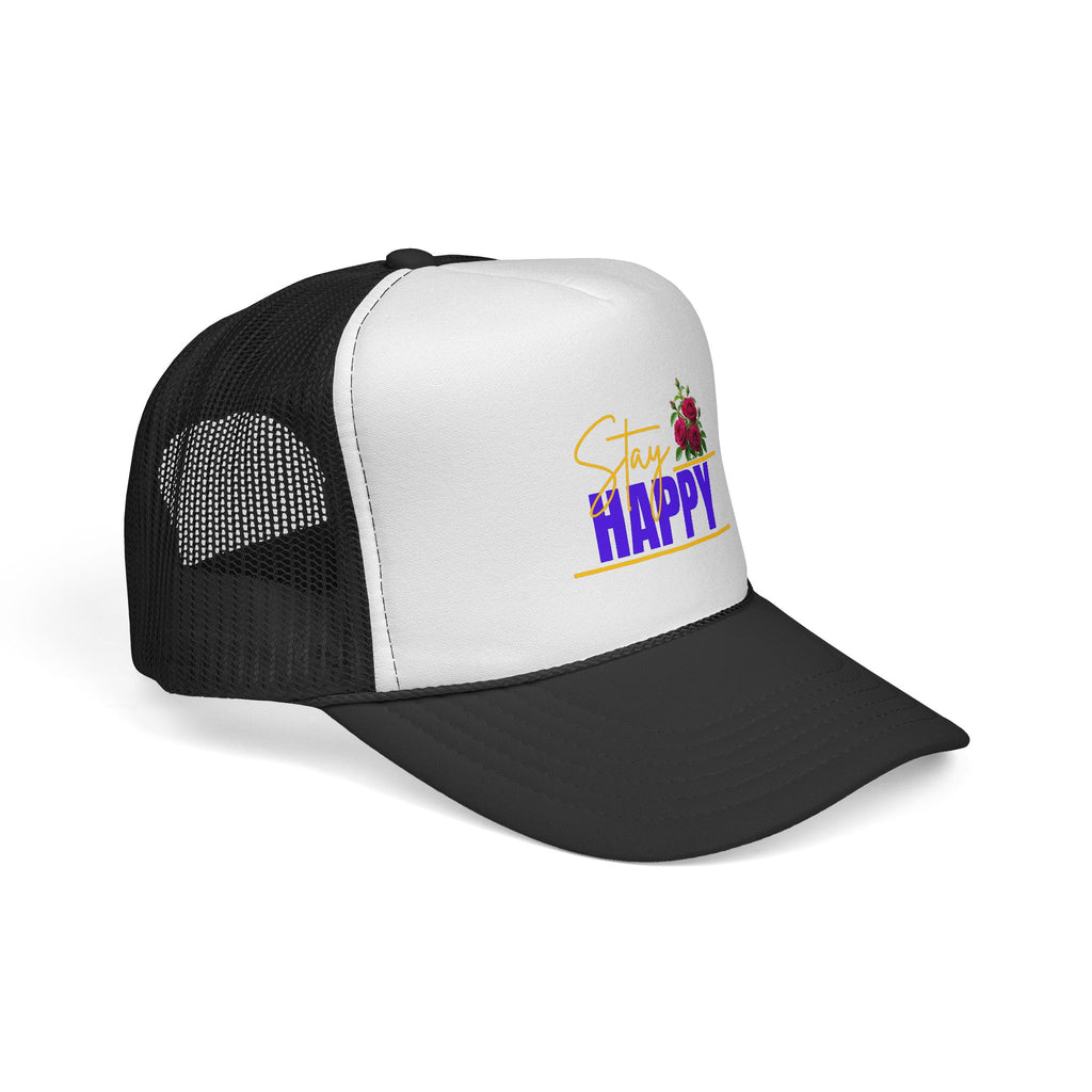 Stay Happy Trucker Hat — Floral Positive Vibe Cap