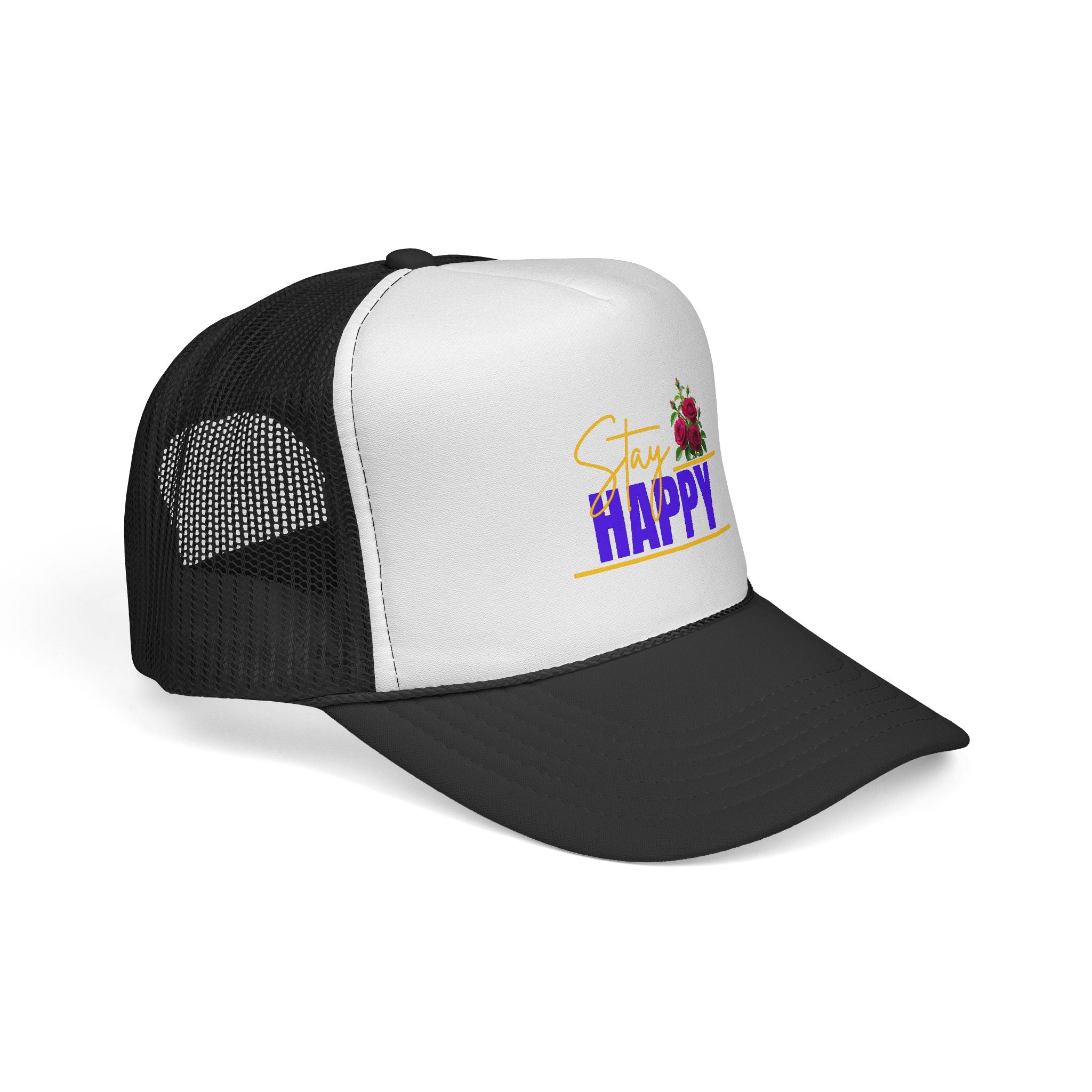 Stay Happy Trucker Hat — Floral Positive Vibe Cap