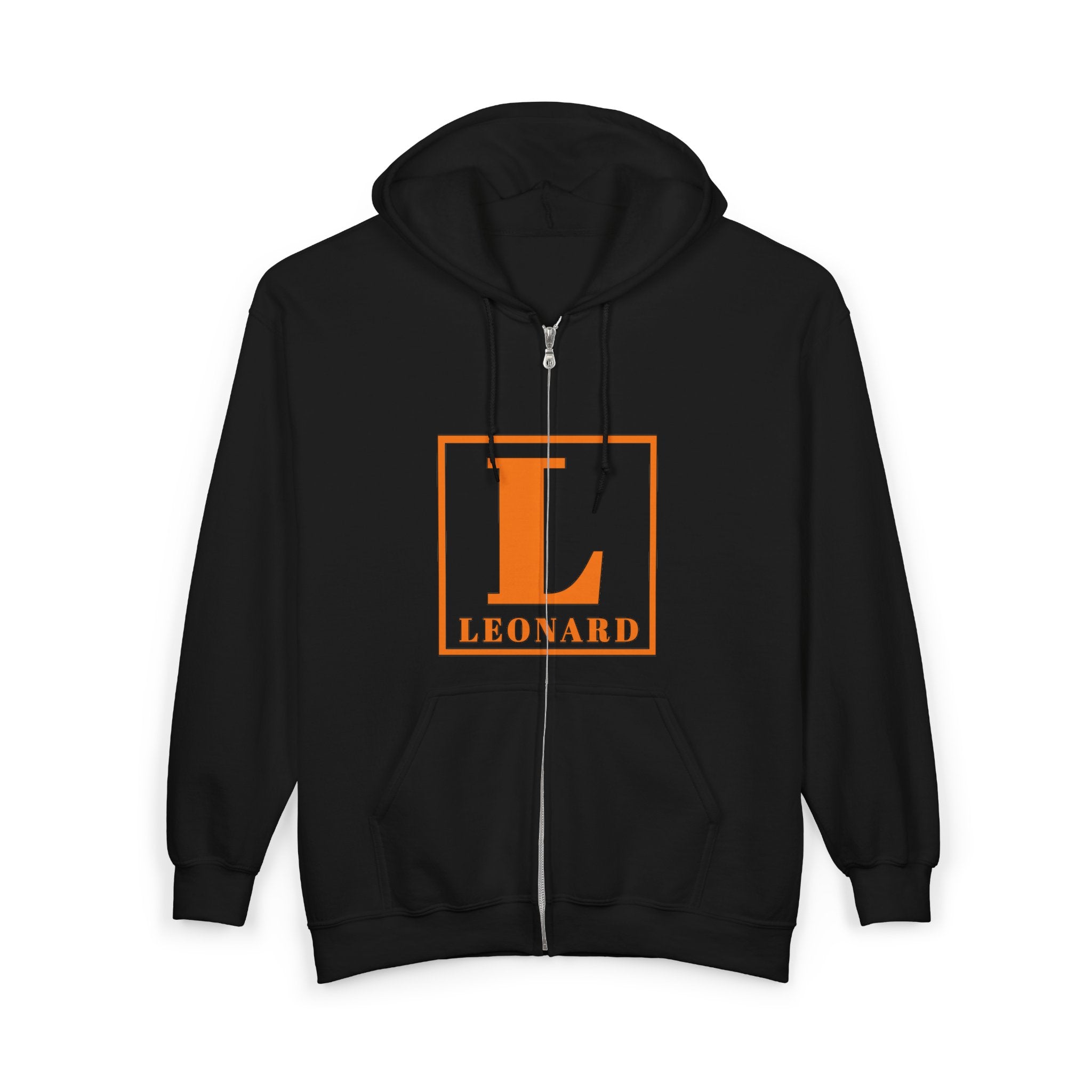 Leonard Initials Zip Hoodie — Orange Block Letter L Full‑Zip Sweatshirt