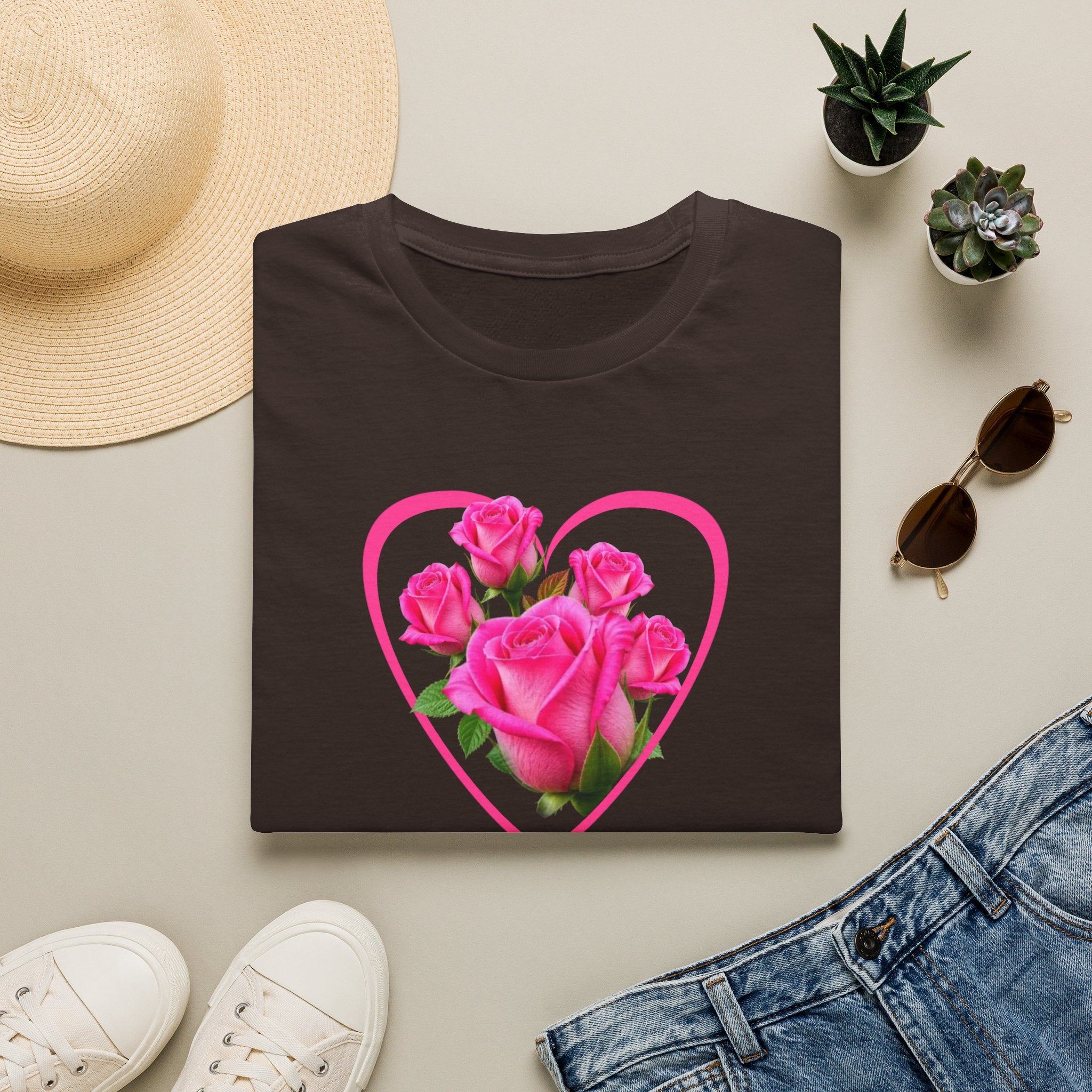 T-Shirt — Pink Rose Heart Floral Tee (Valentine’s Day, Romantic Gift)